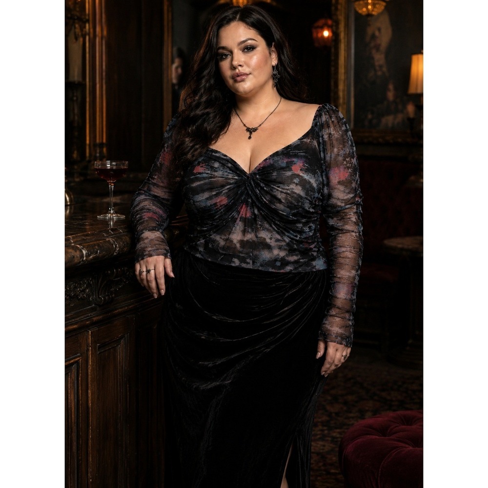 NWT Scarlet Darkness Goth Floral Mesh Top Ruched Puff Sleeve Black 2X